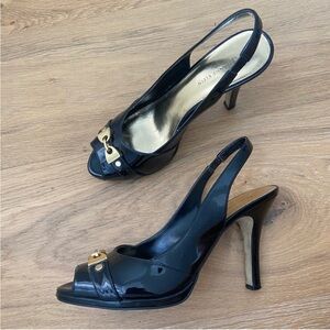 Anne Klein Black Patent Slingback Heels with Gold Accent